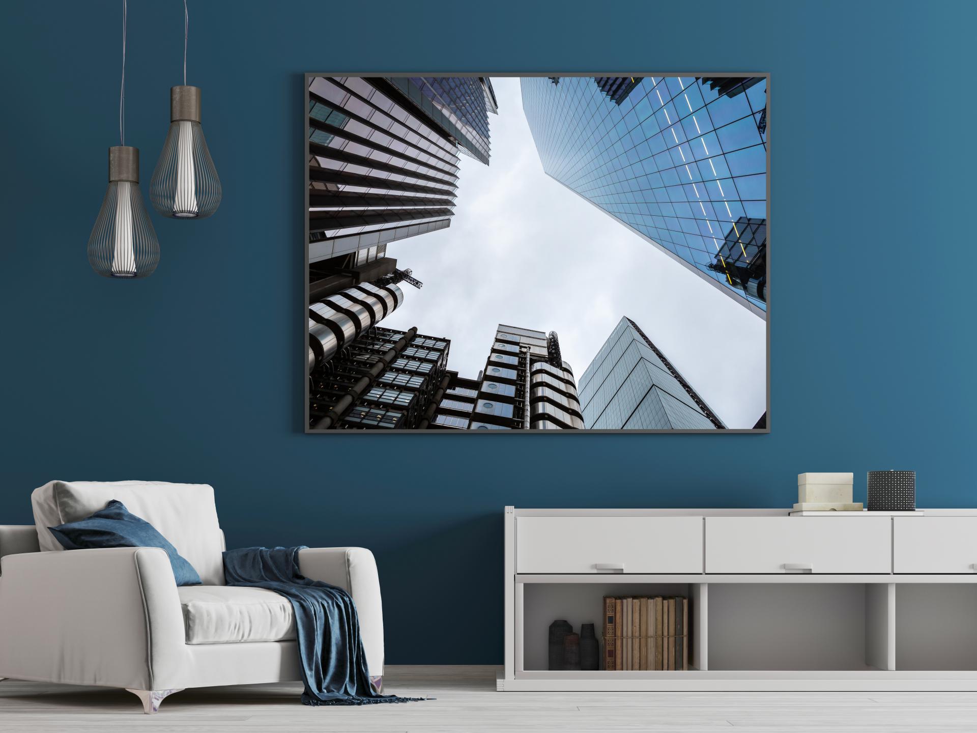 Looking upwards showing top of Lloyds Building and other towers in Lime Street, London.London Architectural Photographer, Liane Ryan Photography