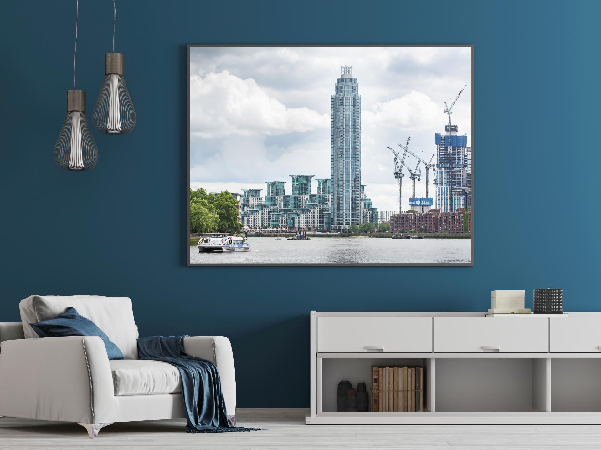 View from Battersea Power Station looking down the river Thames, blue glassed towers.London Architectural Photographer, Liane Ryan Photography