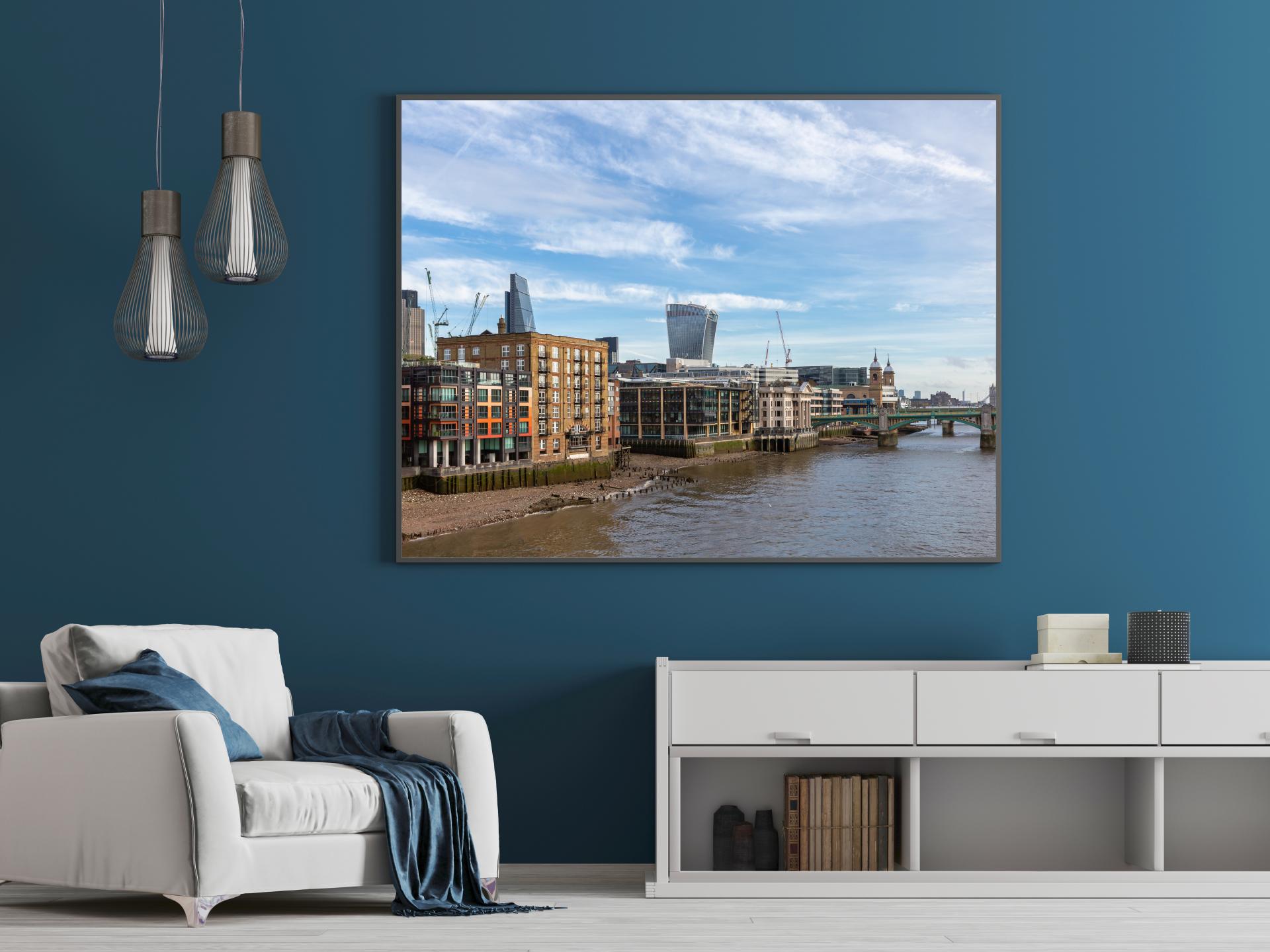 The river Thames and the Walkie Talkie building in the distance, blue skies.London Architectural Photographer, Liane Ryan Photography